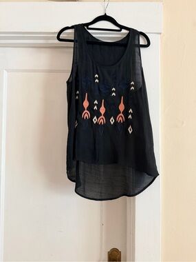 THML Black Sleeveless Embroidered Hi-Low Tank with Coral and Blue Accents
